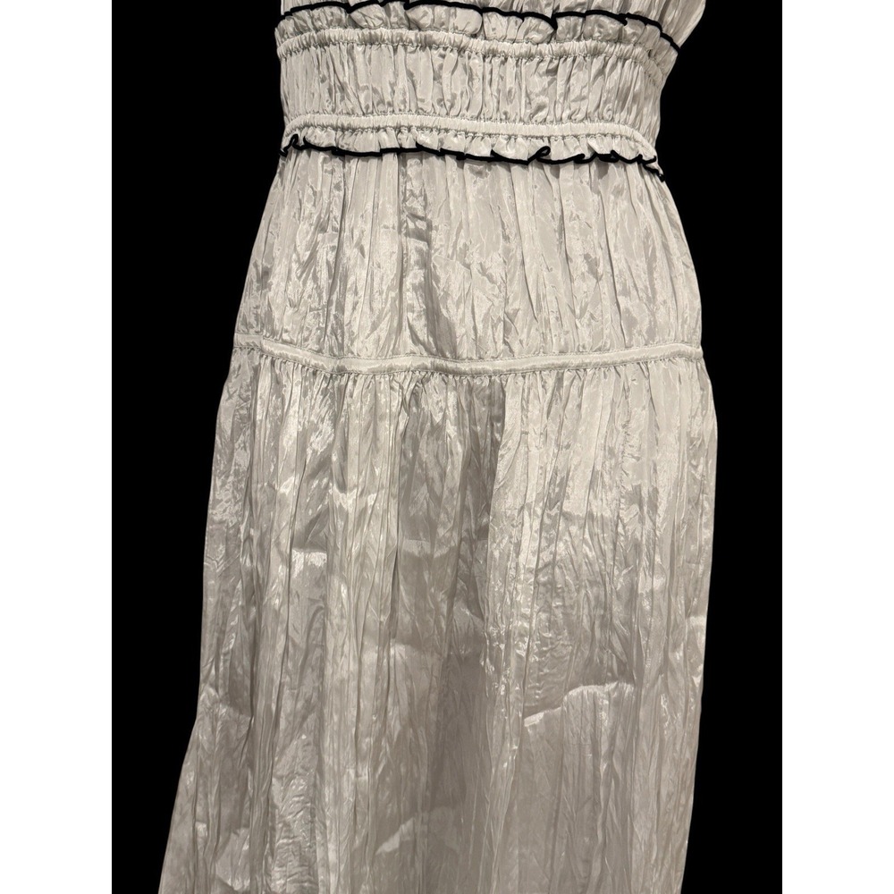 NWT J Crew Crinkle Maxi Dress L Silver Gray Ruffle Tiered Black Trim Cami - Picture 4 of 14